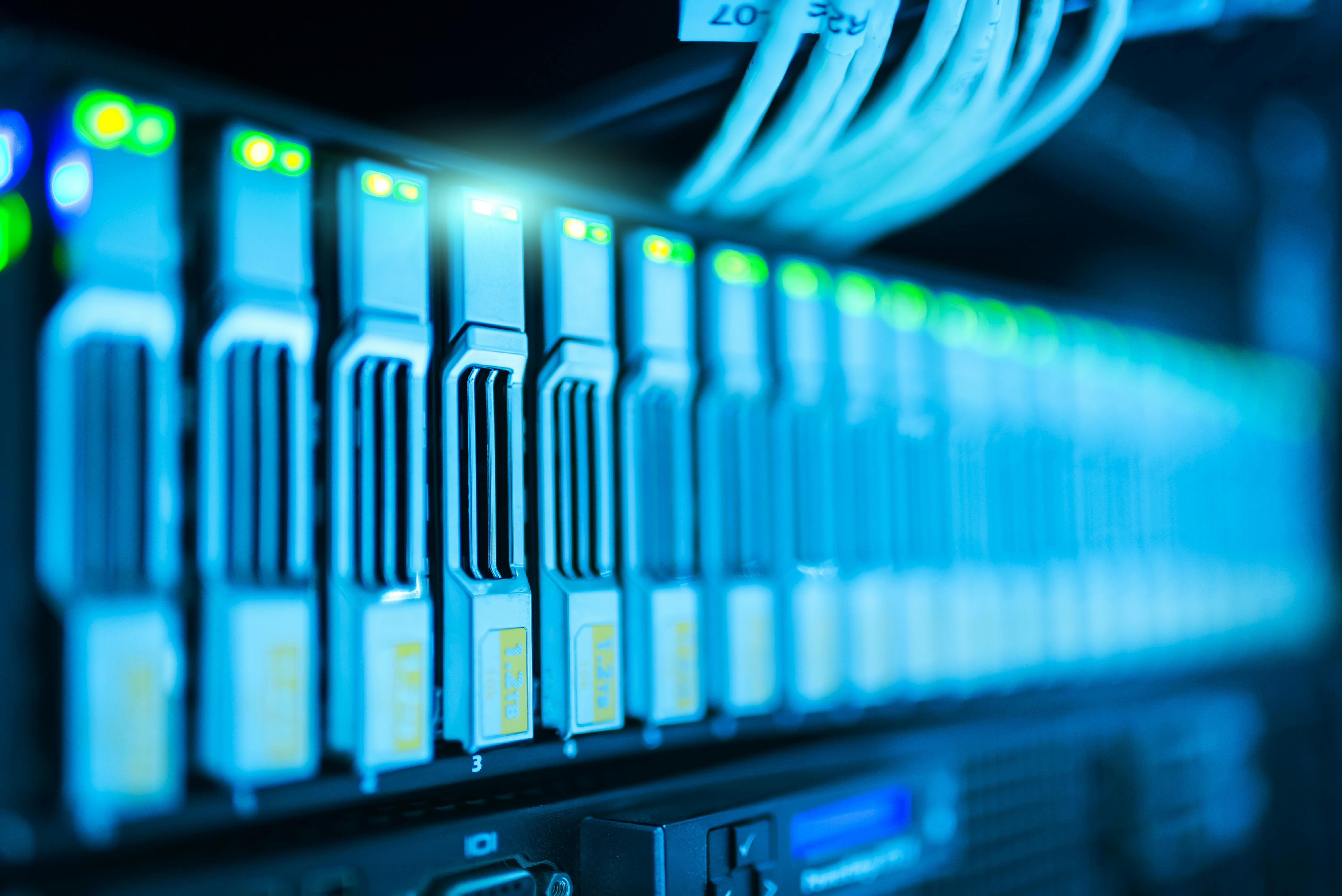 A bank of servers holding data stored in the cloud